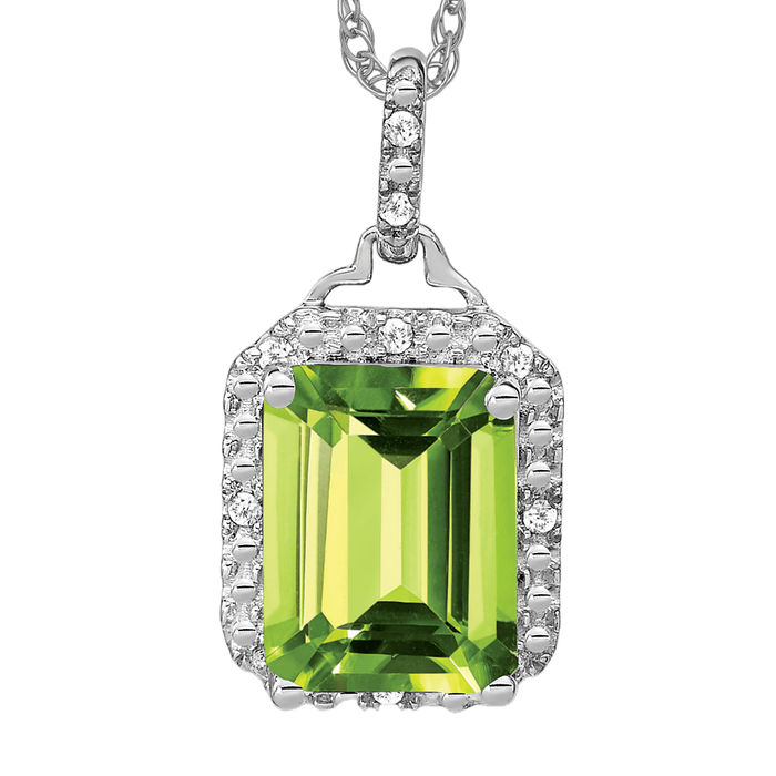 14K Solid White Gold Emerald-cut Peridot Diamond Halo Necklace - Picture 10 of 12