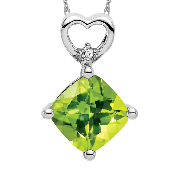 14K Solid White Gold Peridot Diamond Heart Floating Chain Slide Necklace - Picture 8 of 12