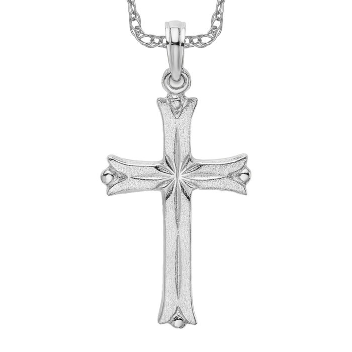 14K Solid White Gold Cross Starburst Necklace - Picture 9 of 12
