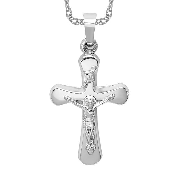 14K Solid White Gold Inri Round Jesus Crucifix Cross Necklace - Picture 11 of 12