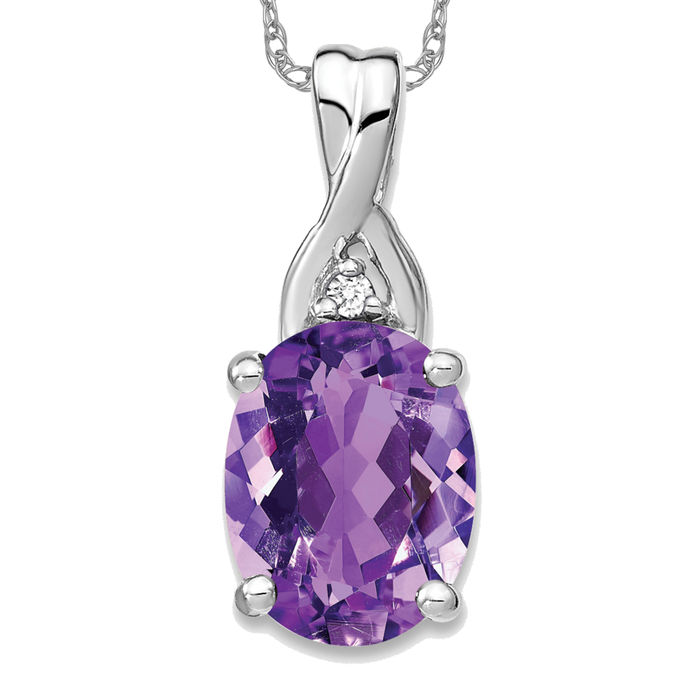 14K Solid White Gold Oval Amethyst Diamond Necklace - Picture 10 of 12
