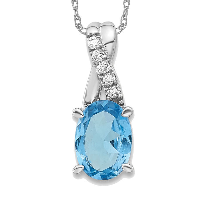 14K Solid White Gold Oval Swiss Blue Topaz Diamond Necklace - Picture 10 of 12