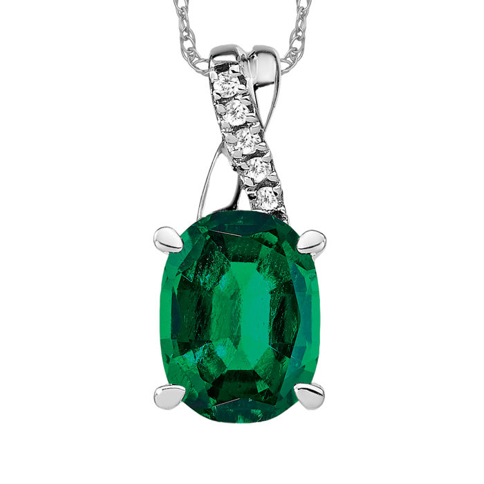 14K Solid White Gold Oval Lab Emerald Diamond Necklace - Picture 10 of 12