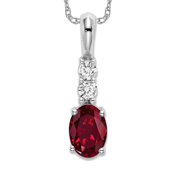 14K Solid White Gold Oval Lab Ruby Diamond Necklace - Picture 9 of 12
