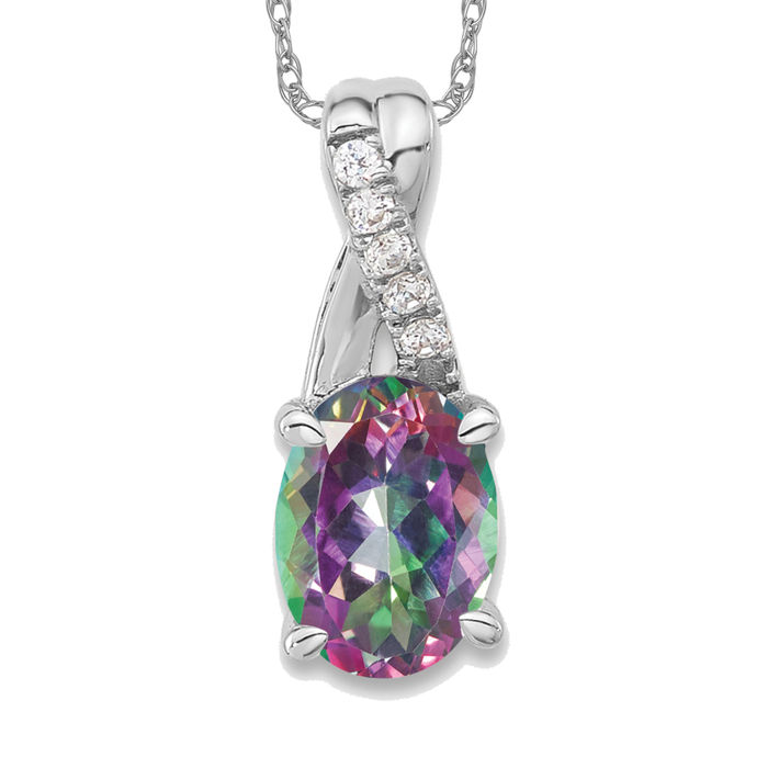 14K Solid White Gold Oval Mystic Fire Topaz Diamond Necklace - Picture 10 of 12