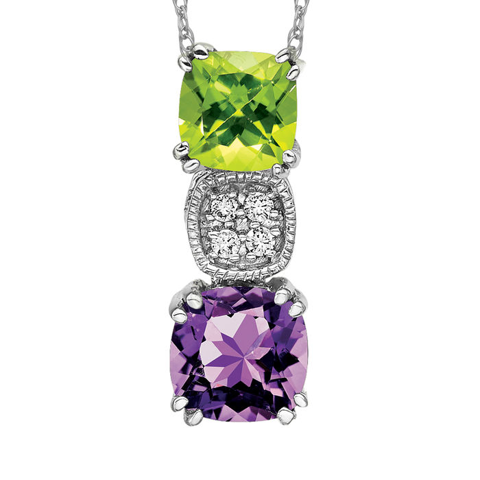 14K Solid White Gold Peridot Amethyst Diamond Floating Chain Slide Necklace - Picture 11 of 12