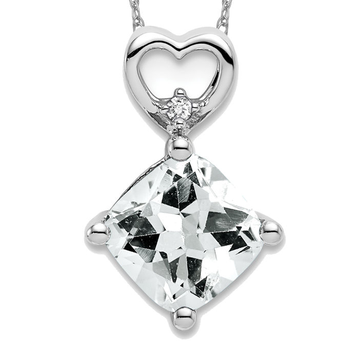 14K Solid White Gold Topaz Diamond Heart Floating Chain Slide Necklace - Picture 2 of 6