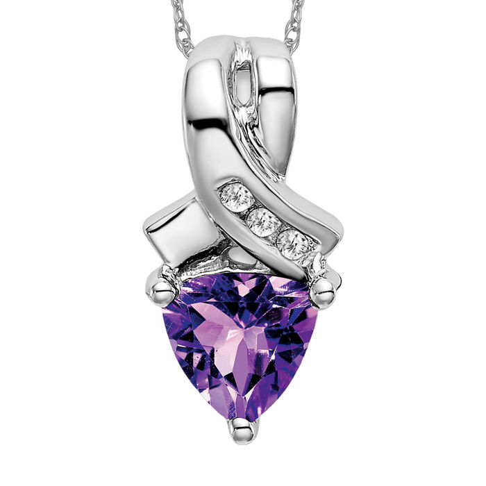 14K Solid White Gold Trillion Amethyst Diamond Necklace - Picture 10 of 12