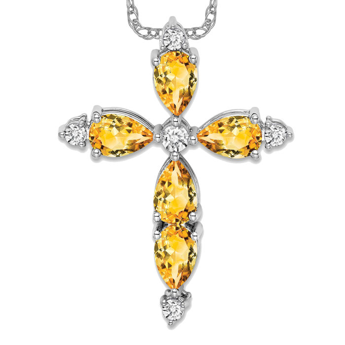 14K Solid White Gold Citrine Diamond Cross Floating Chain Slide Pendant Necklace - Picture 9 of 12