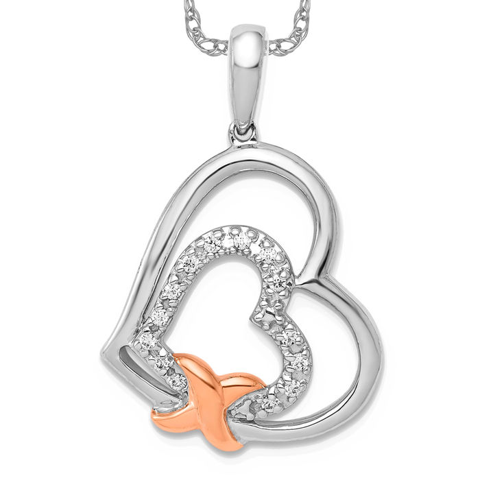 14K Solid Two Tone Gold Diamond Heart Necklace - Picture 9 of 12