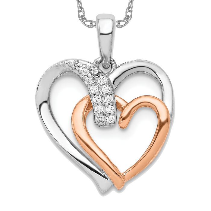 14K Solid Two Tone Gold Diamond Double Heart Necklace - Picture 2 of 5