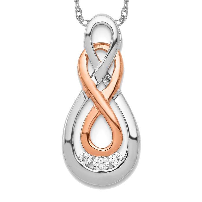 14K Solid Two Tone Rose White Gold Diamond Double Infinity Twisted Love Knot Symbol Floating Chain Slide Pendant Necklace Charm