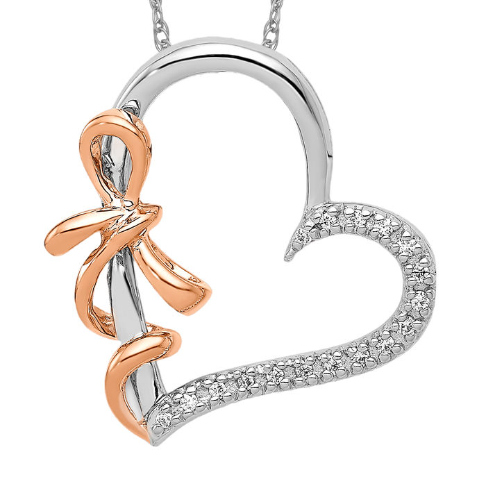 14K Solid Two Tone Rose White Gold Diamond Heart Bow Floating Chain Slide Pendant Necklace Charm