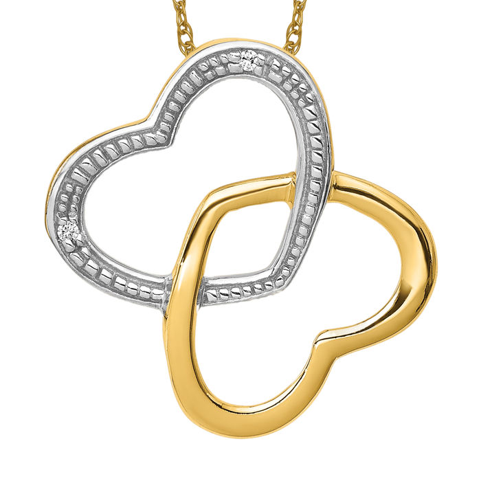 14K Solid Yellow Gold Diamond Double Heart Floating Chain Slide Necklace