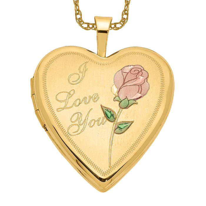 14K Solid Yellow Gold Rose I Love You Heart Personalized Photo Locket Necklace Picture Pendant Charm