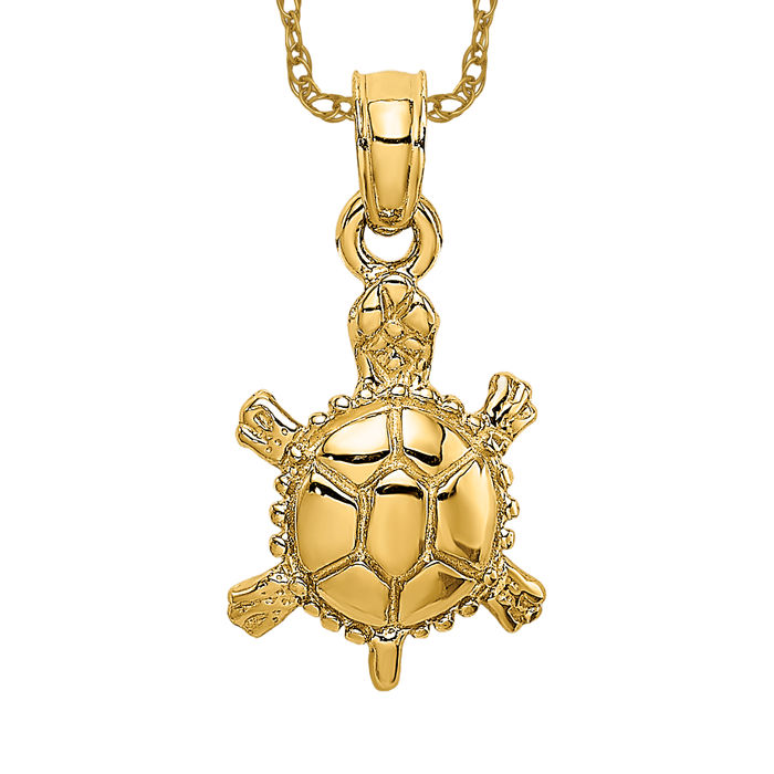 14K Solid Yellow Gold Land Turtle Necklace