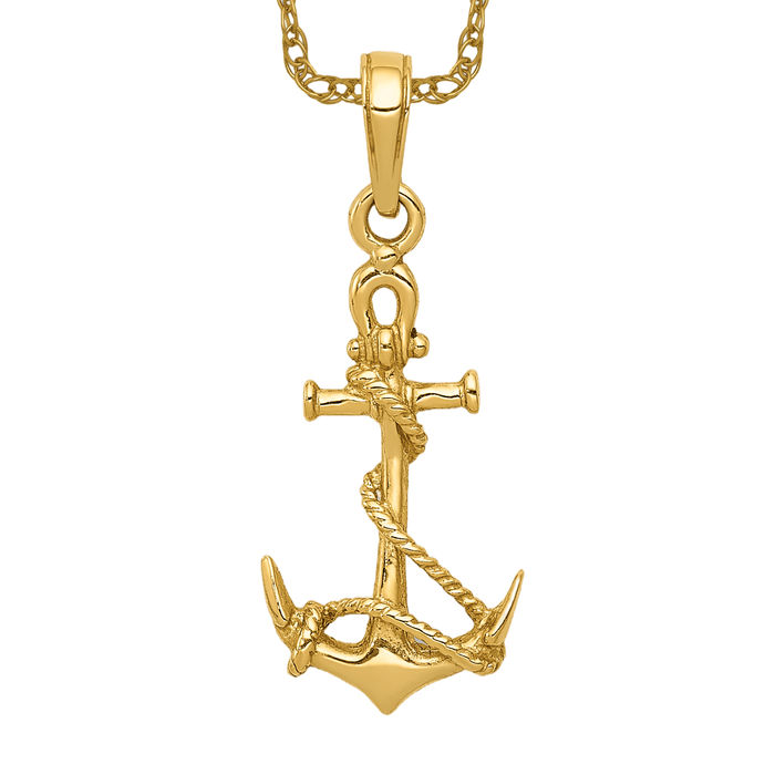 14K Solid Yellow Gold Anchor Mariner Shackle Rope Necklace - Picture 10 of 12