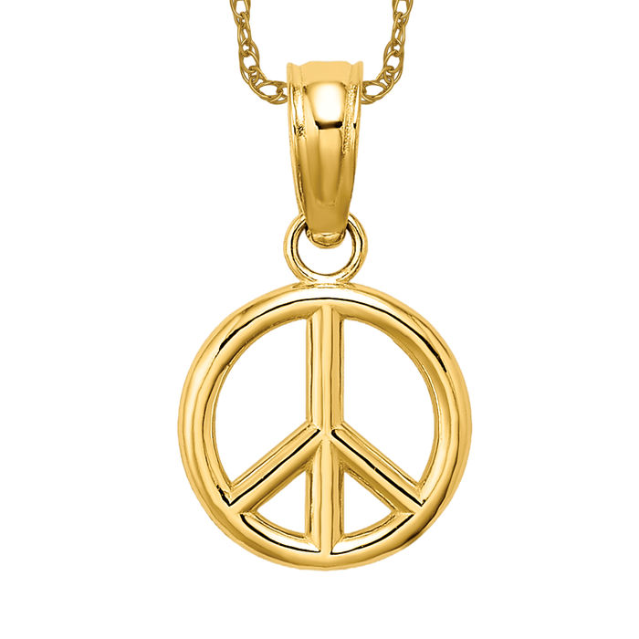 14K Solid Yellow Gold Peace Sign Necklace - Picture 10 of 12