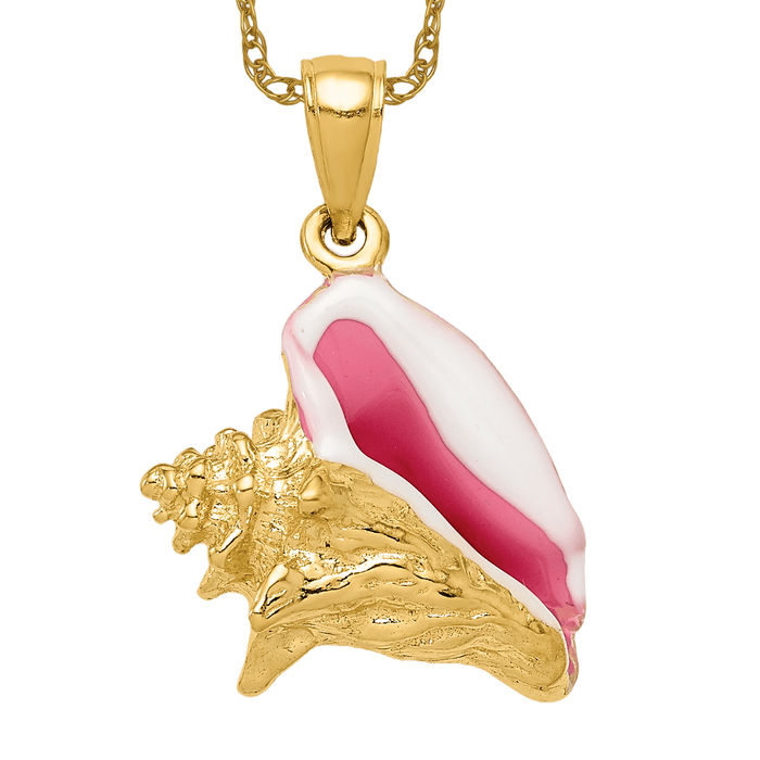 14K Solid Yellow Gold Pink White Conch Shell Necklace - Picture 10 of 12