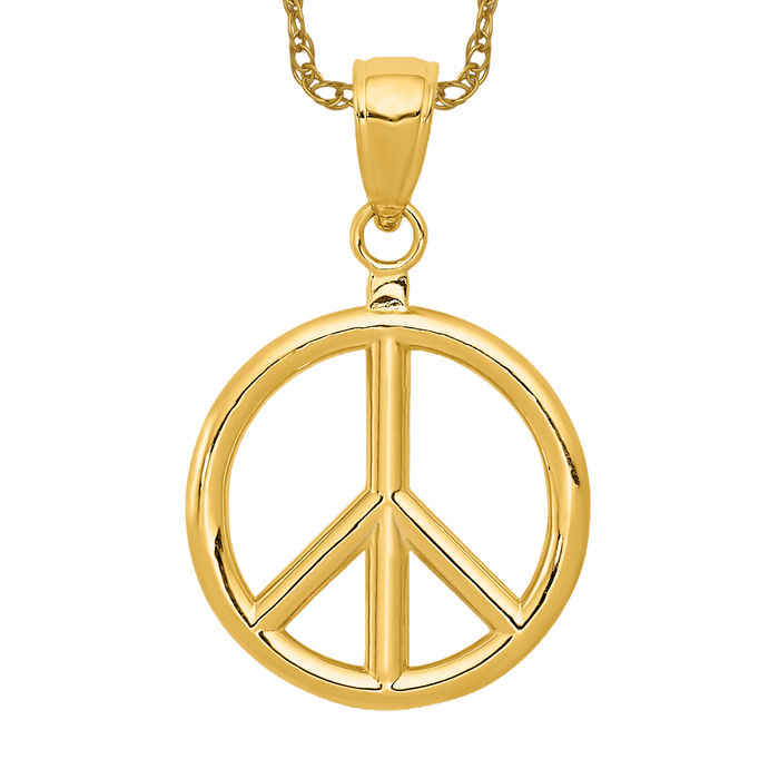 14K Solid Yellow Gold Peace Sign Necklace - Picture 9 of 12