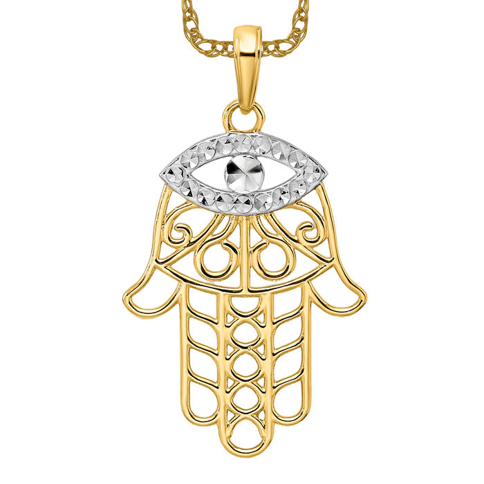 14K Solid Two Tone Gold Hamsa Necklace - Picture 11 of 12