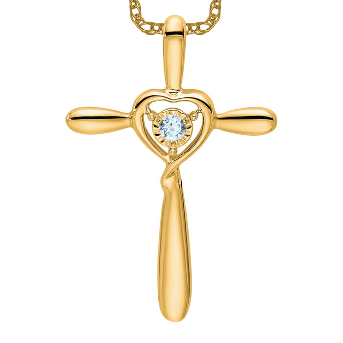 14K Solid Yellow Gold Aquamarine Cross Heart Floating Chain Slide Necklace - Picture 10 of 12