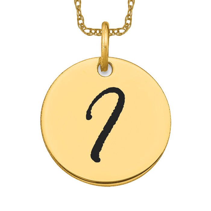 14K Solid Yellow Gold Black Letter I Initial Disk Necklace