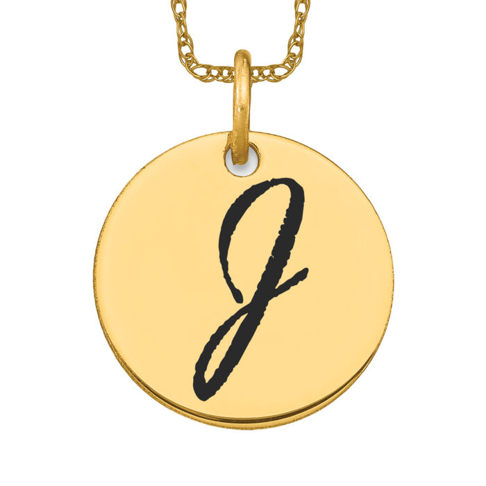 14K Solid Yellow Gold Black Letter J Initial Disk Necklace - Picture 10 of 12