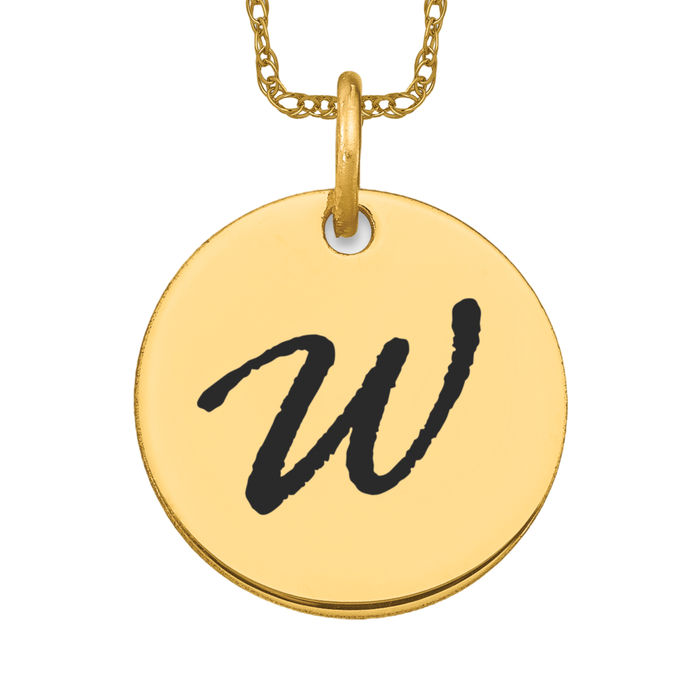 14K Solid Yellow Gold Black Letter W Initial Disk Necklace