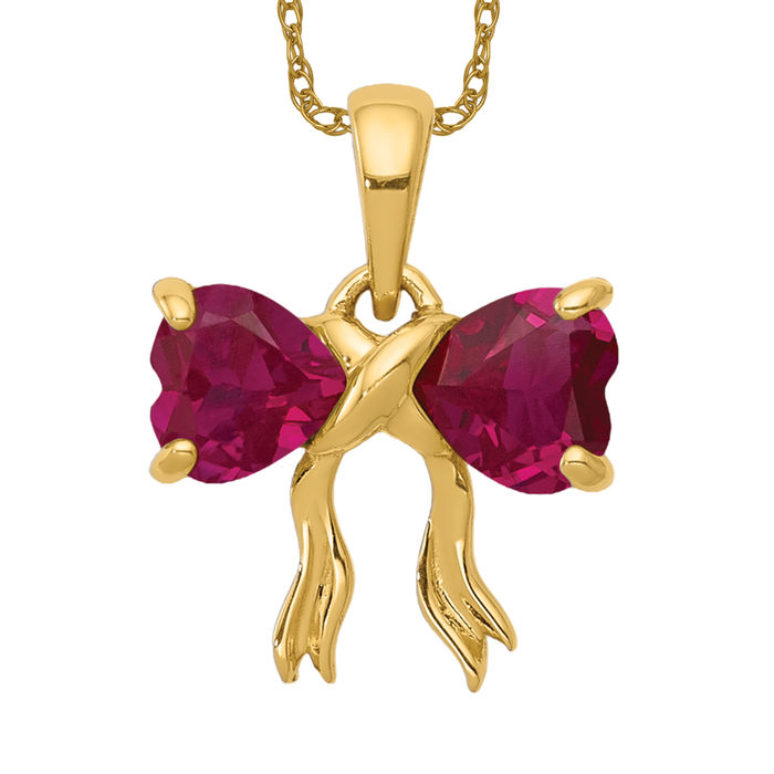 14K Solid Yellow Gold Lab Ruby Bow Necklace - Picture 9 of 12