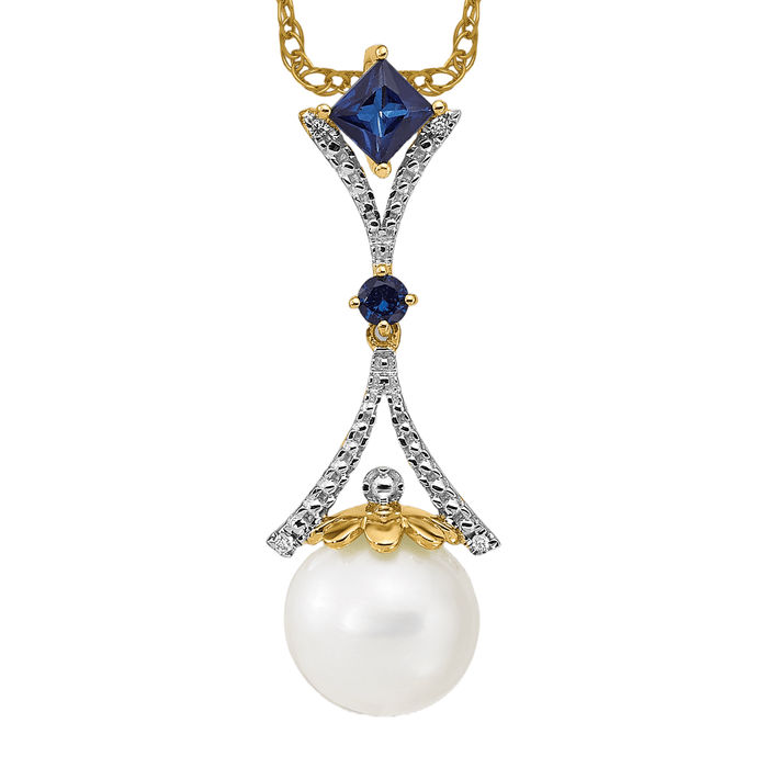14K Solid Yellow Gold Diamond 8mm Round Freshwater Cultured Pearl/created Blu... - Picture 8 of 12