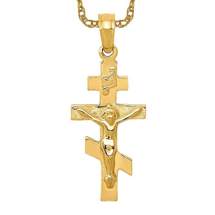 14k top Yellow Gold Eastern Orthodox Cross Pendant Charm Religious Fine Jewelry 1”