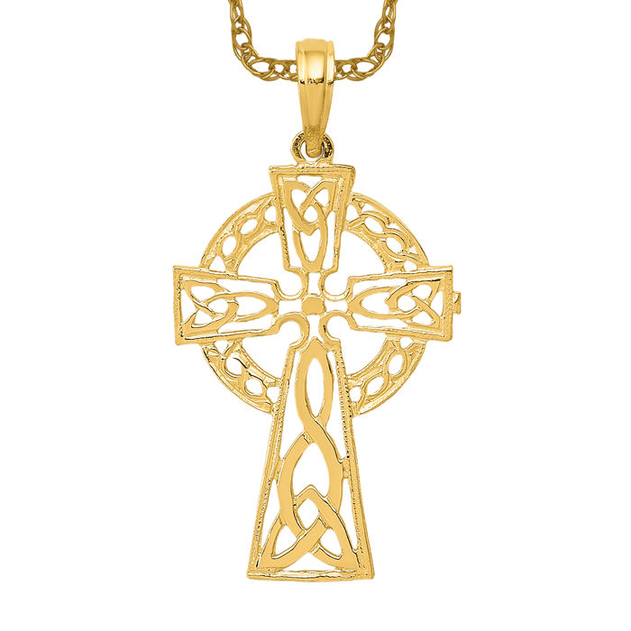 14K Solid Yellow Gold Heart Celtic Iona Cross Necklace - Picture 8 of 12