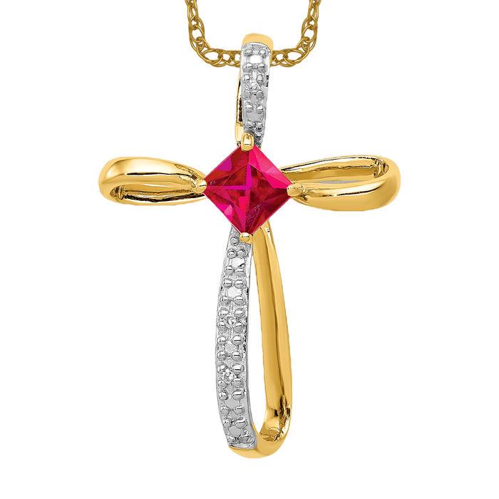 14K Solid Yellow Gold Lab Ruby Diamond Cross Slide Necklace - Picture 10 of 12