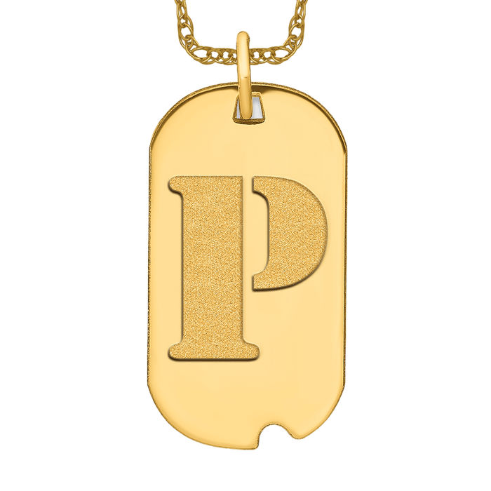 14K Solid Yellow Gold Dainty Letter P Initial Monogram Dog Tag Necklace