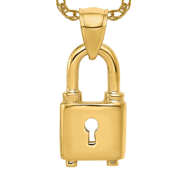 14K Solid Yellow Gold Lock Necklace - Picture 9 of 12