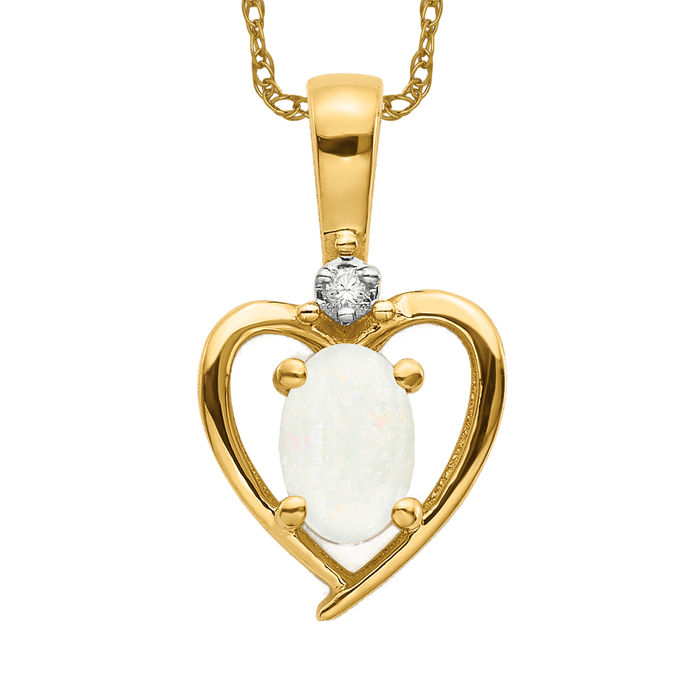 14K Solid Yellow Gold Opal Diamond Heart Necklace