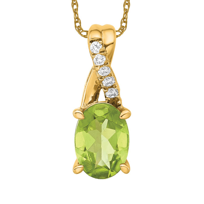 14K Solid Yellow Gold Oval Peridot Diamond Necklace - Picture 10 of 12