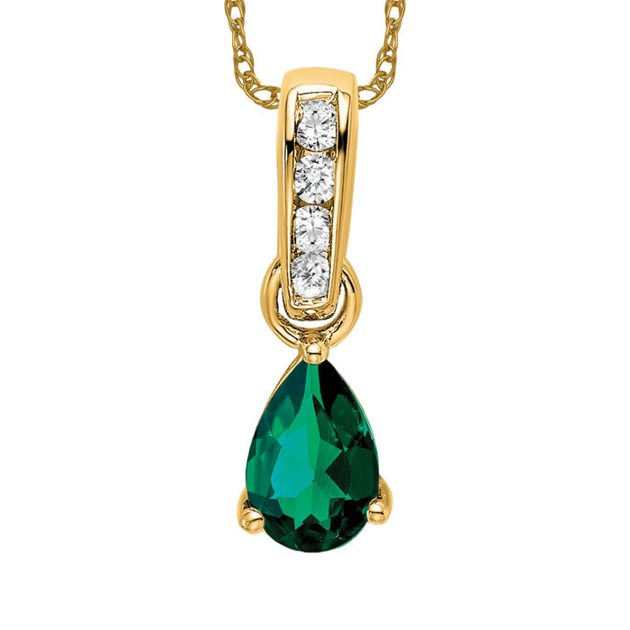 14K Solid Yellow Gold Pear Lab Emerald Diamond Necklace - Picture 2 of 5