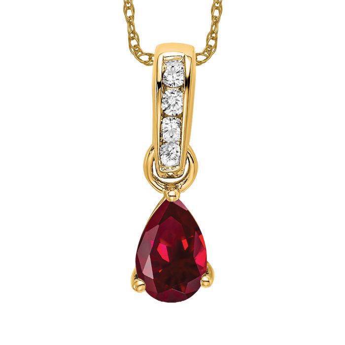 14K Solid Yellow Gold Pear Lab Ruby Diamond Necklace - Picture 10 of 12