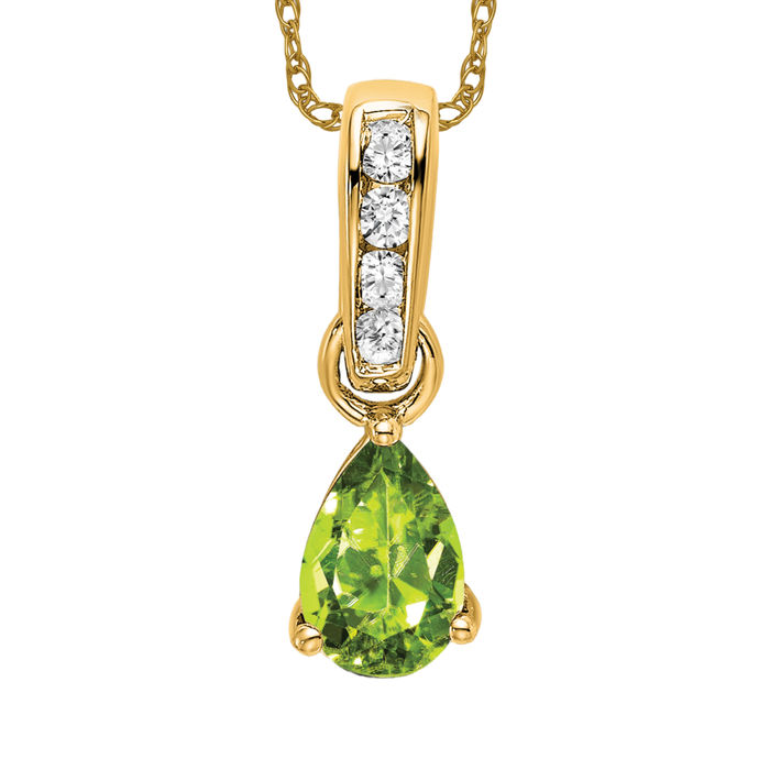 14K Solid Yellow Gold Pear Peridot Diamond Necklace - Picture 10 of 12