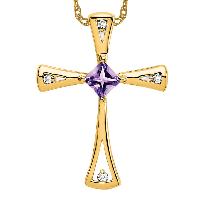 14K Solid Yellow Gold Amethyst Diamond Cross Floating Chain Slide Pendant ... - Picture 11 of 12