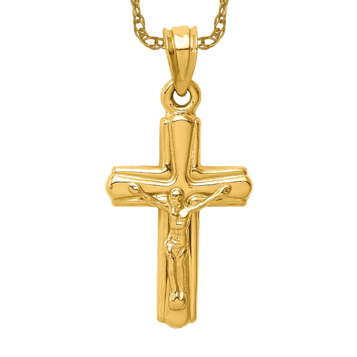14K Solid Yellow Gold Reversible Jesus Crucifix Cross Necklace - Picture 9 of 12