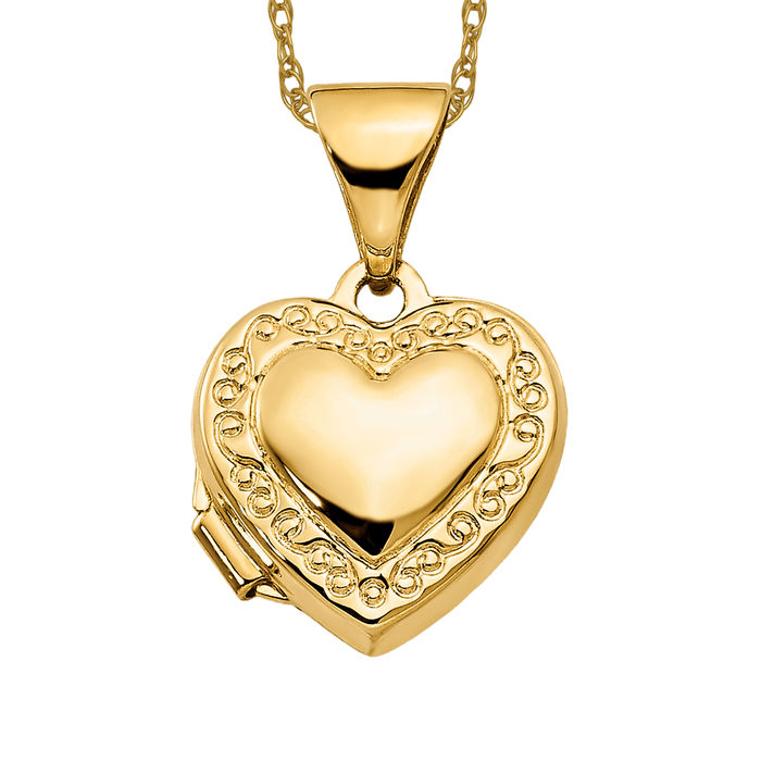 14K Solid Yellow Gold Heart Photo Locket Necklace