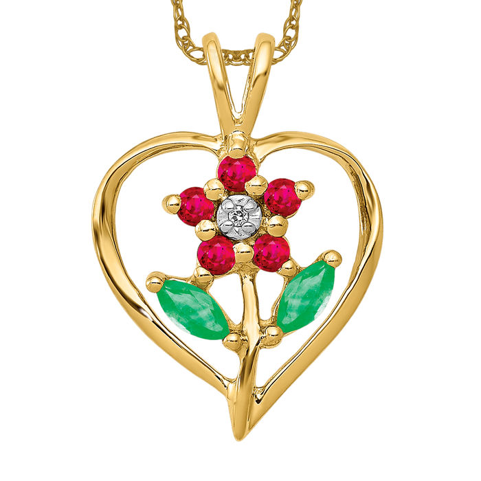 14K Solid Yellow Gold Siam Ruby Emerald Diamond Rose Flower Heart Necklace - Picture 10 of 12