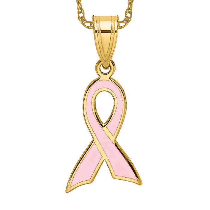 14K Solid Yellow Gold Pink Breast Cancer Awareness Ribbon Necklace - Picture 8 of 12