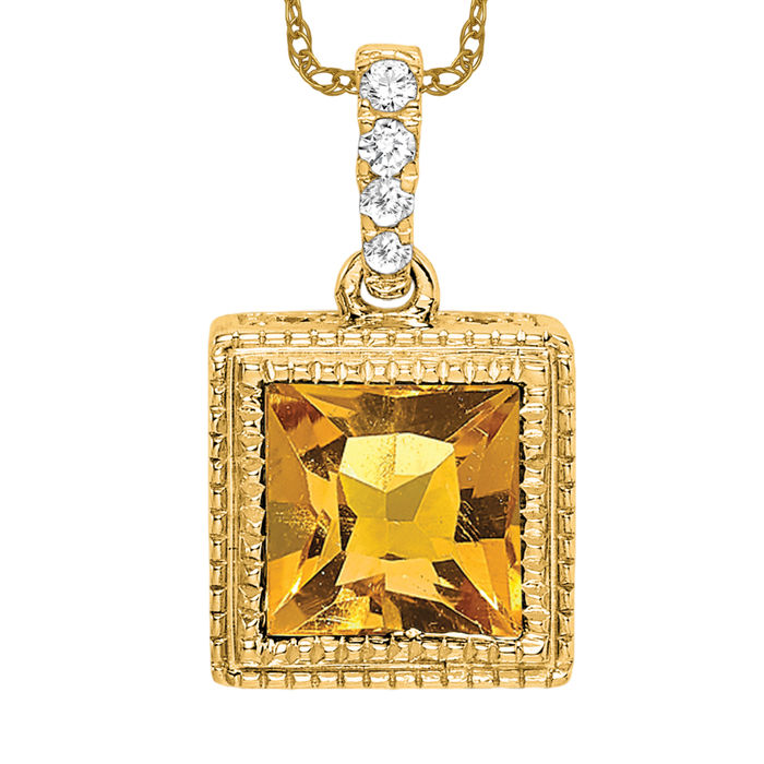 14K Solid Yellow Gold Square Citrine Diamond Necklace - Picture 9 of 12