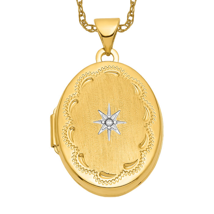 14K Solid Two Tone Gold Diamond Star Oval Photo Locket Necklace - Picture 13 of 24