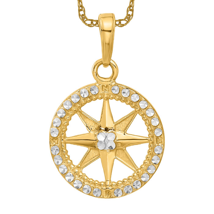 14K Solid Two Tone Gold North Star Compass Necklace - Picture 10 of 12