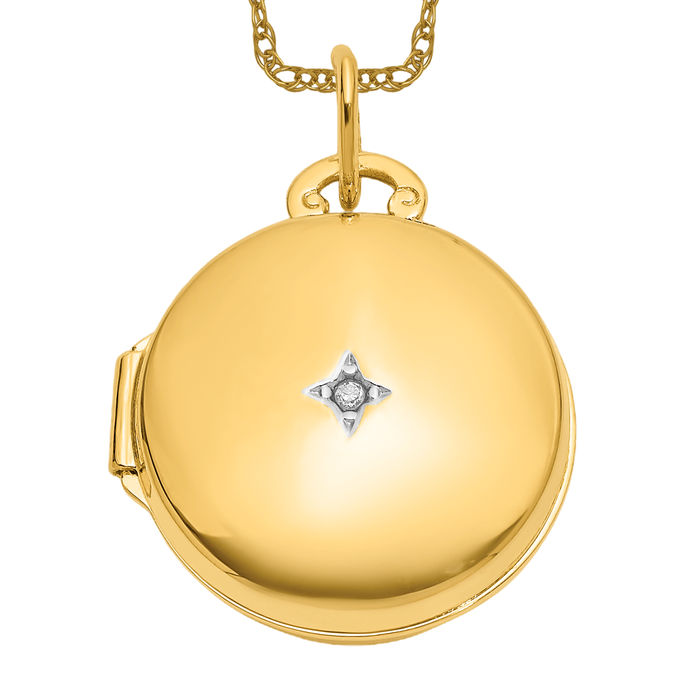 14K Solid Two Tone Gold Diamond Round Photo Locket Necklace - Picture 13 of 24